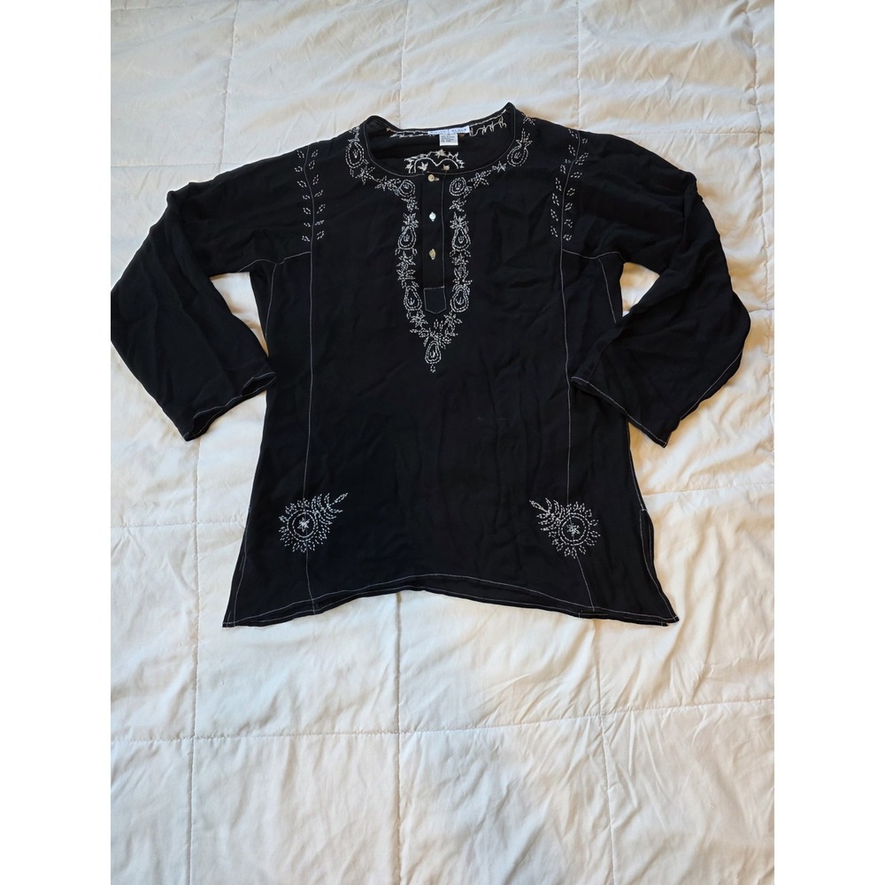 White House Black Market 100% Silk Black Blouse with White Embroidery – Size Med